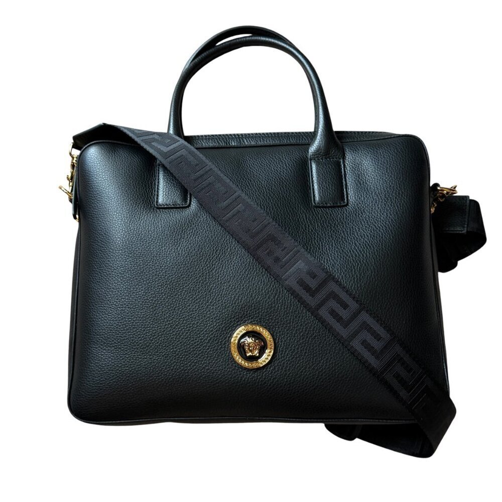 VERSACE 1013360 BLACK LEATHER MEDUSA MEDALION BRIEFCASE MESSENGER SHOULDER BAG - Picture 15 of 15